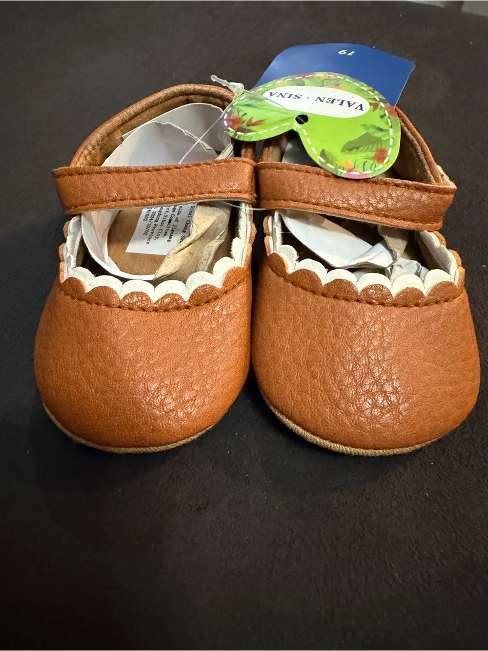 Baby Tan Mary Jane Walker Shoes with Scalloped Trim